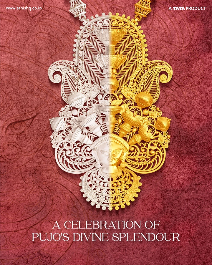 Durga Puja creative ad: Silver-gold jewelry ornament forms Durga's face