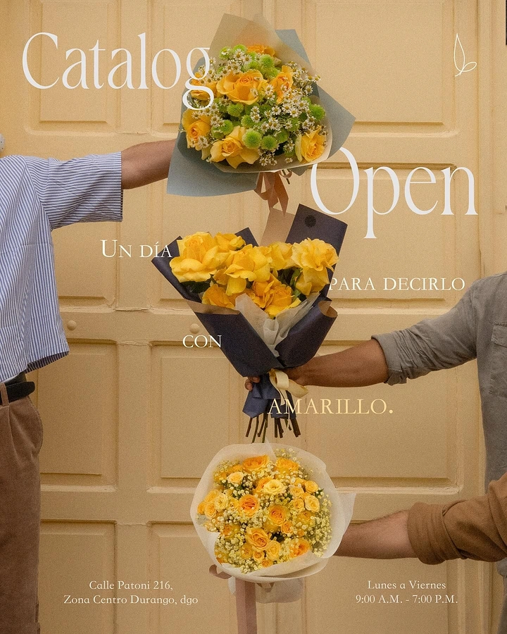 Florists creative ad: Hands passing yellow bouquets, 'say it in yellow'