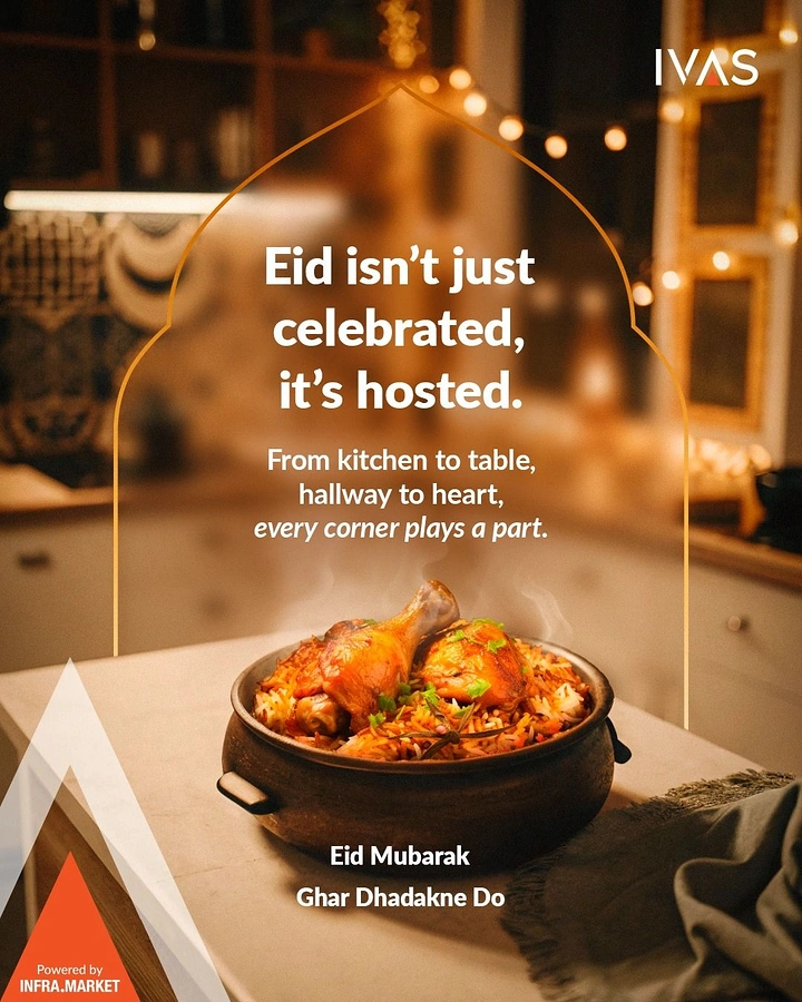 Eid creative ad: Steaming chicken biryani in a copper handi on a kitchen counter