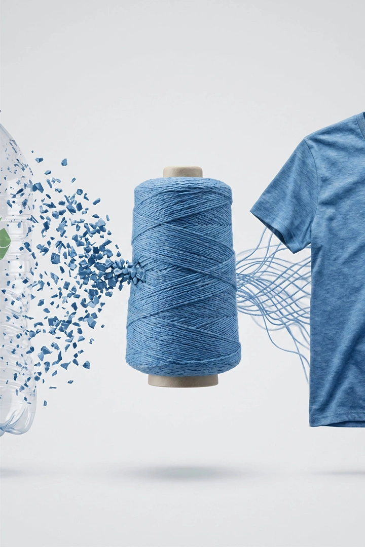 Manufacturing & Industrial Machinery creative ad: Plastic bottle turning into yarn and a t-shirt