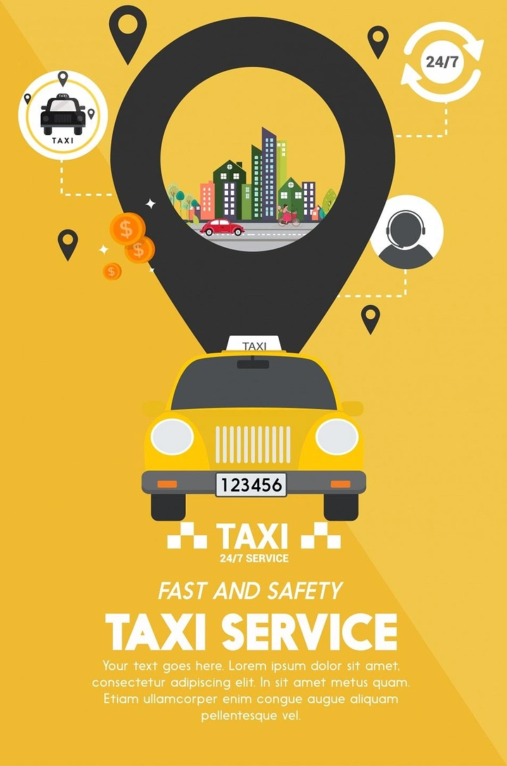 Taxi & Cab Services creative ad: Taxi integrated into map-pin metaphor