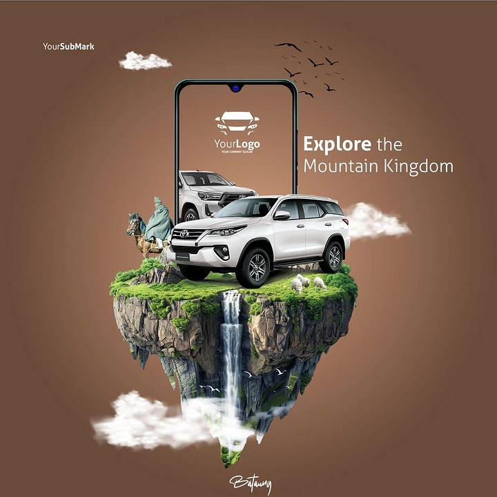 Car Rental creative ad: Car on floating island from phone