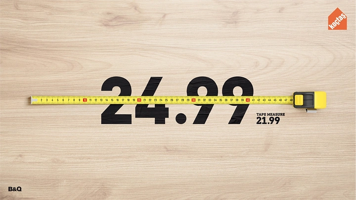 Cement, Steel & Building Materials creative ad: Yellow tape measure stretched across a big price