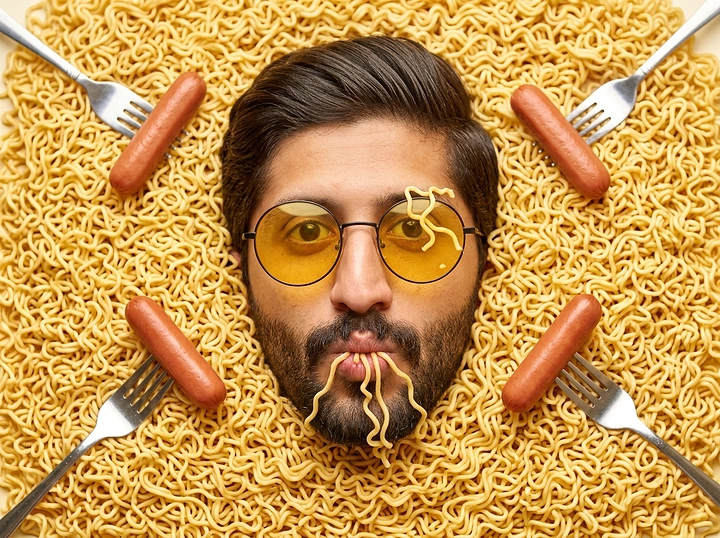 Instant Noodles & Pasta Brands creative ad: Portrait humorously constructed from noodles