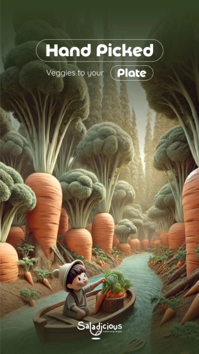 Salad Bars & Healthy Restaurants creative ad: Tiny figure explores vegetable landscape