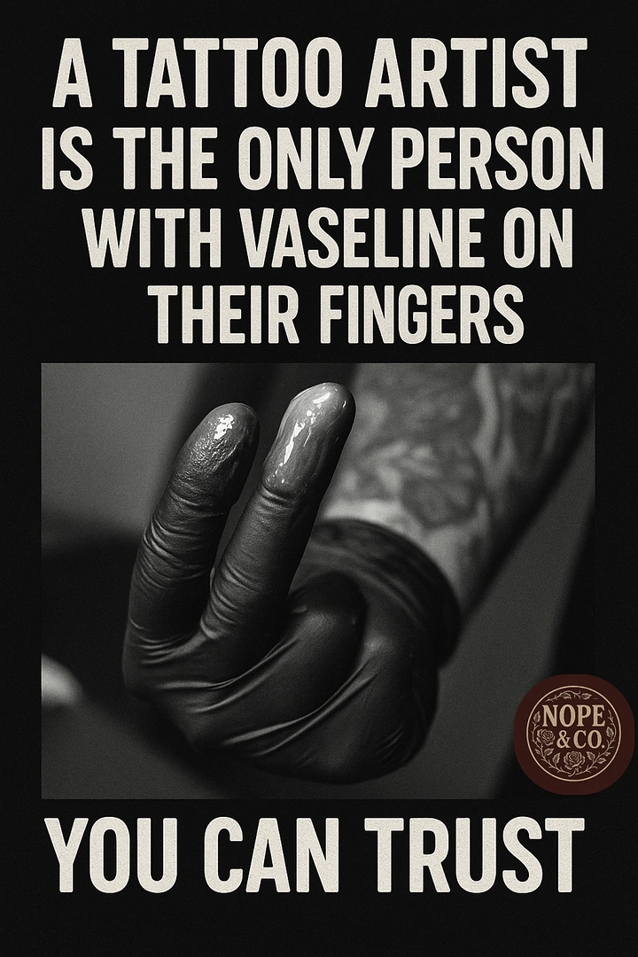 Tattoo Studios creative ad: Witty Vaseline-fingers trust copy, strong type