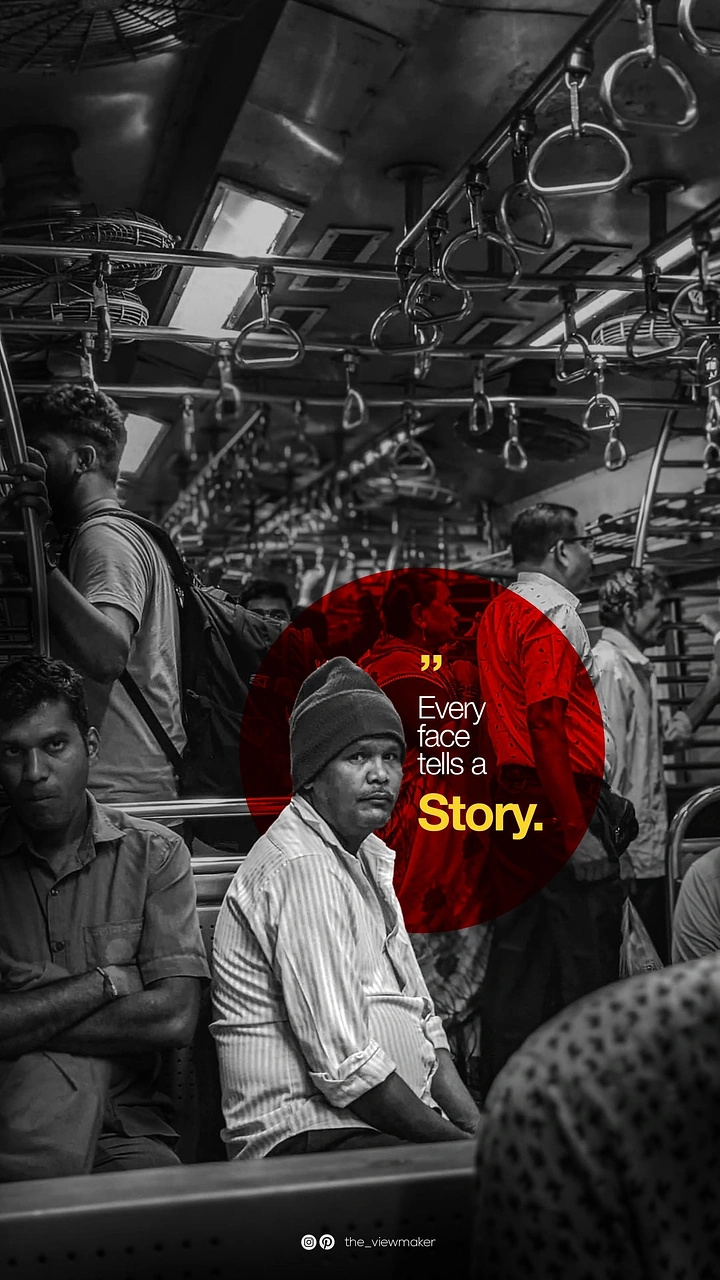 Photography creative ad: Red spotlight circle: every face tells story