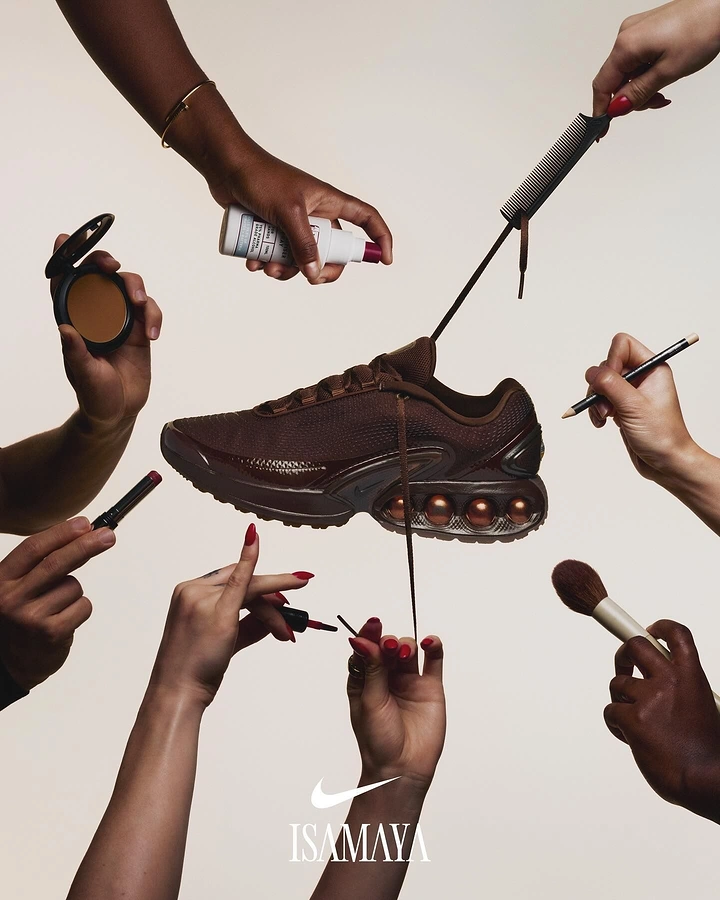 Beauty & Salon creative ad: Brown sneaker suspended by many hands holding makeup tools