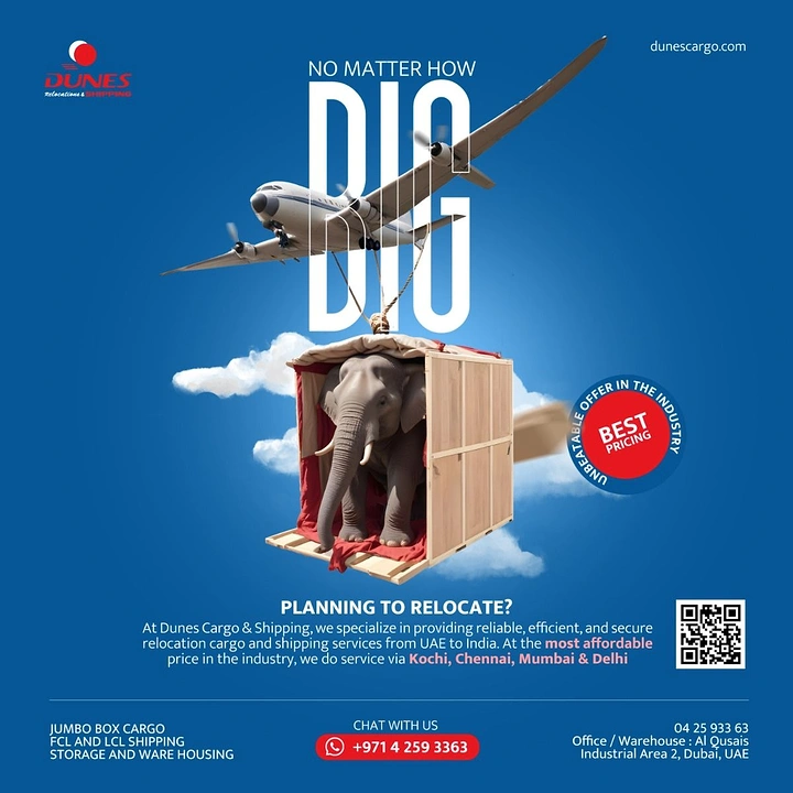 Movers & Packers creative ad: Plane lifting elephant crate: 'no matter how big'