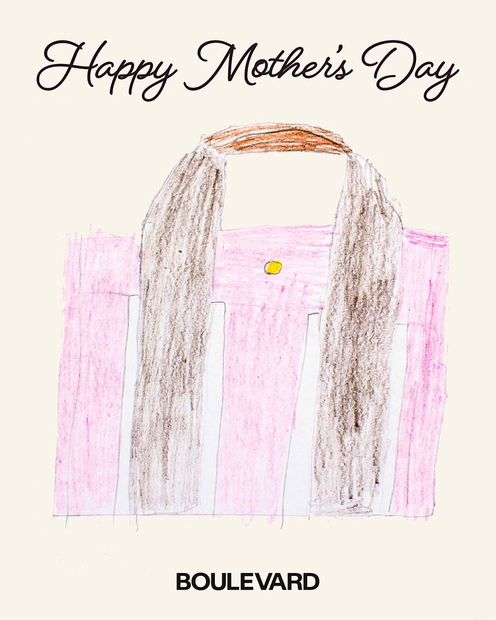 Mother's Day creative ad: Child's crayon drawing of a pink and brown tote bag