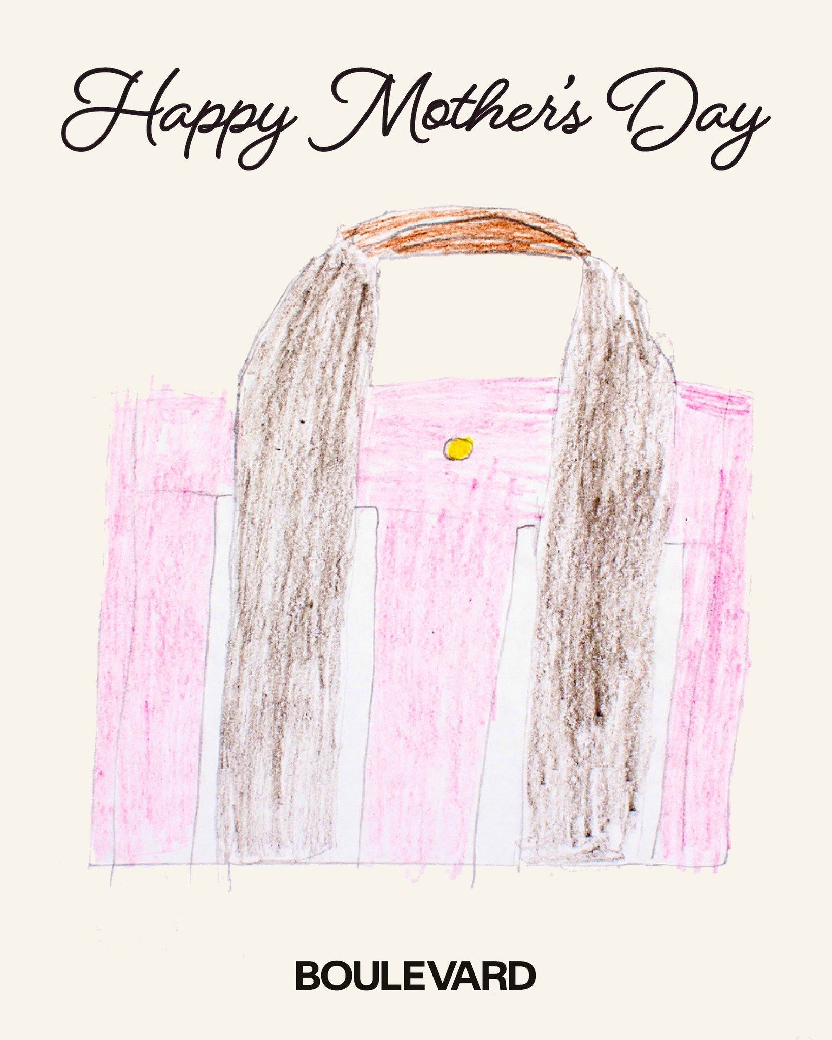 Child's crayon drawing of a pink and brown tote bag