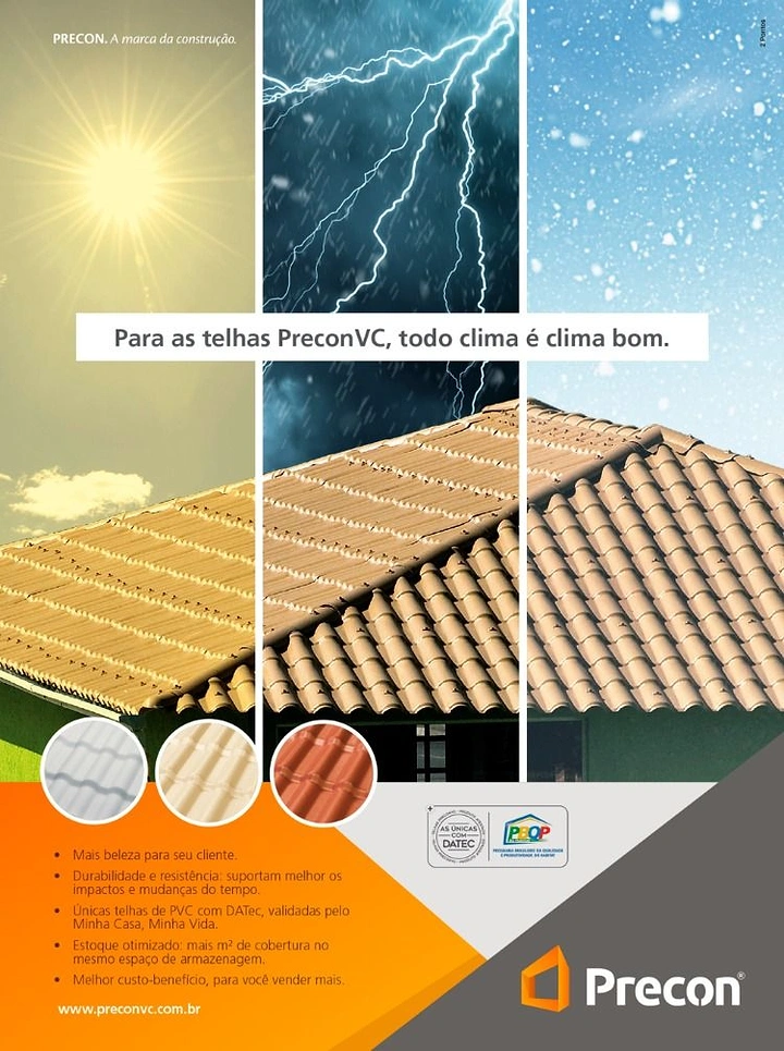 Roofing creative ad: Sky split sun, storm, snow over tiles