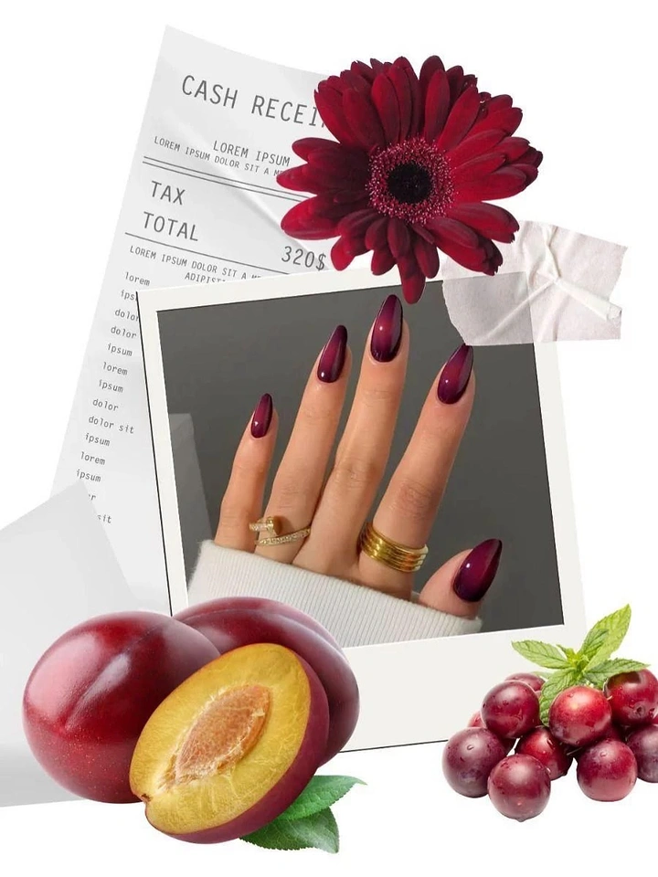 Nail Salons creative ad: Plum nails matched to fruit, receipt collage