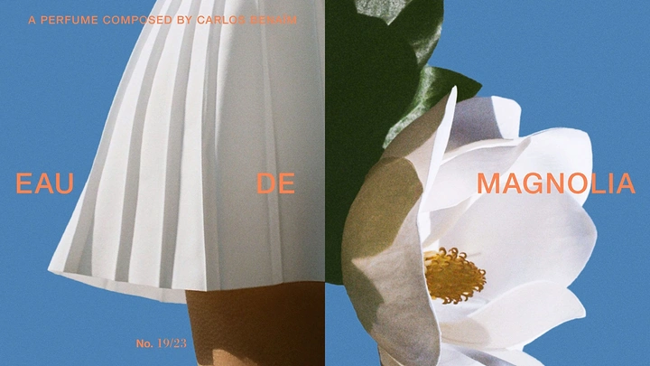 Creative ad: White pleated skirt paired with a white magnolia bloom in a split diptych