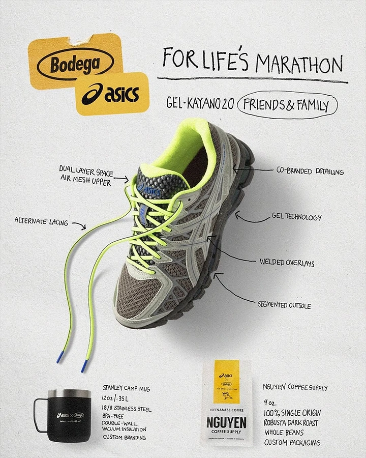 Coffee Shops creative ad: Collab running sneaker with annotated features, plus a mug and a coffee bag