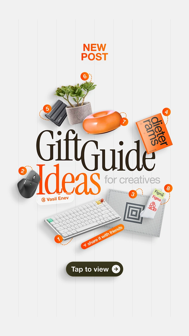 Creative ad: Floating desk gadgets and gifts around a serif headline