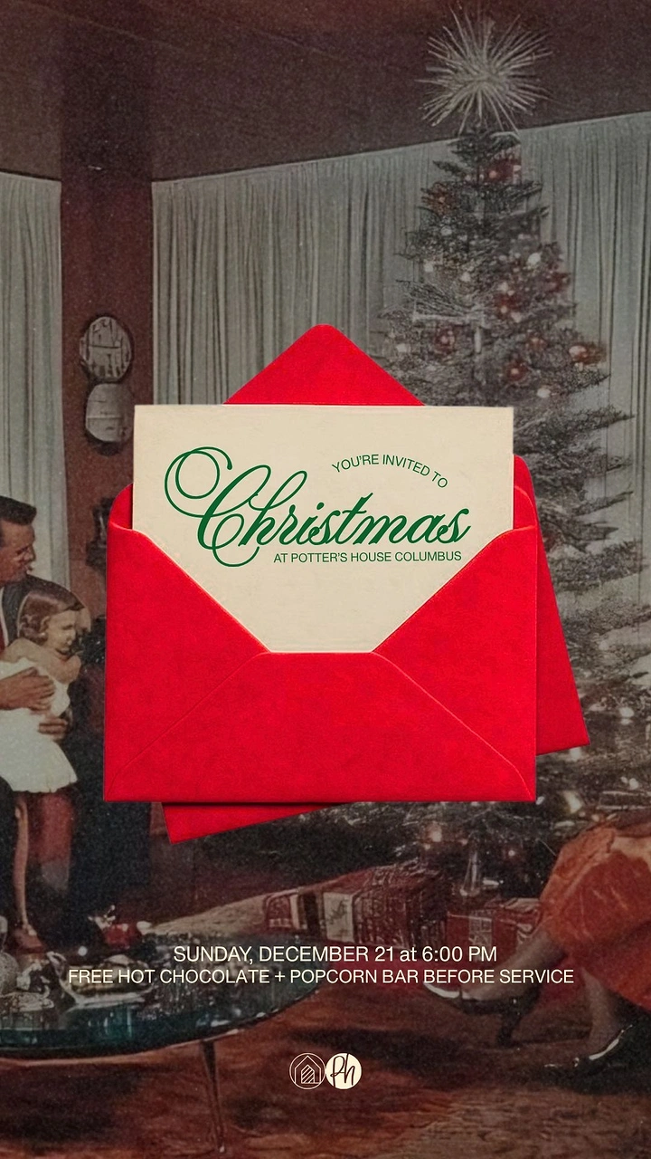 Christmas creative ad: Red envelope with a cream invitation card over a vintage family Christmas living-room photo