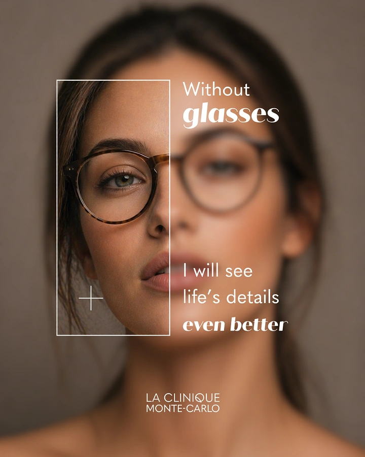 Creative ad: Close-up woman's face in round glasses, sharp inside a frame and blurred outside