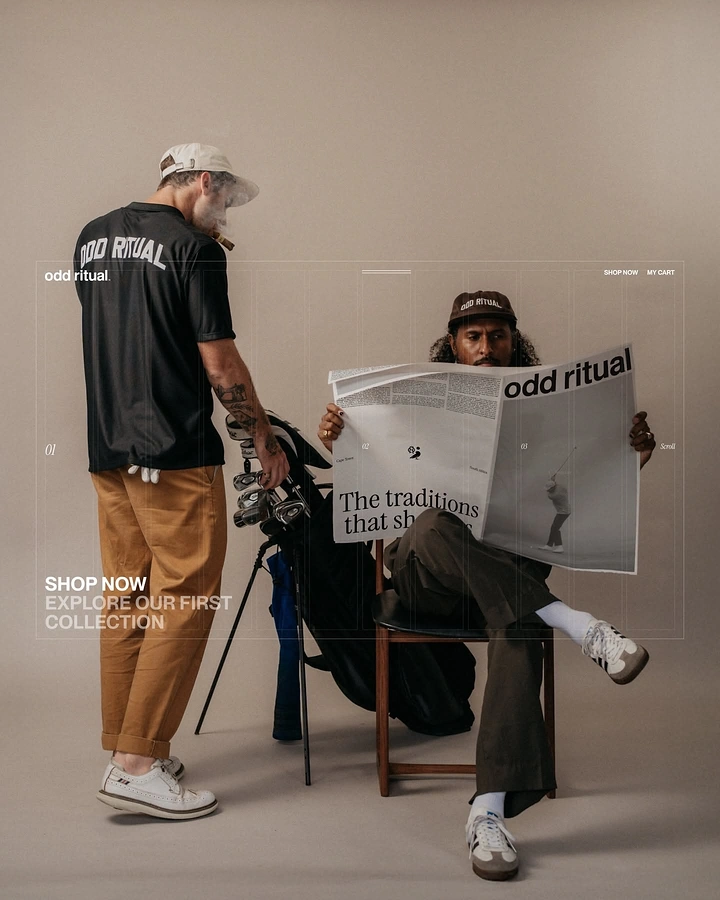 Creative ad: Two men in golf-inspired streetwear, one reading a branded newspaper