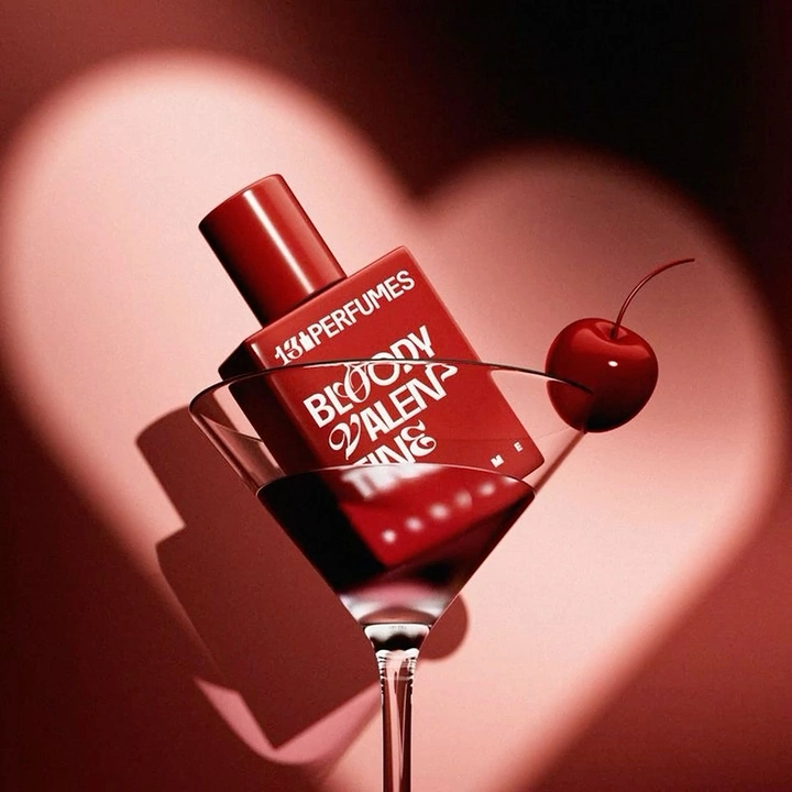 Valentine's Day creative ad: Red perfume bottle tilted in a martini glass with a cherry