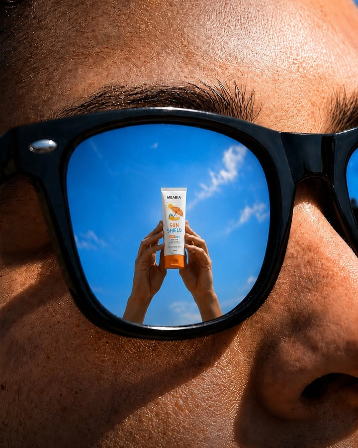 Sunscreen & Sun Care creative ad: Bottle appears in sunglass reflection