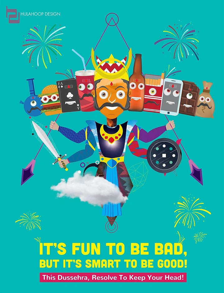 Dussehra creative ad: Cartoon Ravana whose ten heads are mustachioed junk food, cigarettes, phone, cards and money