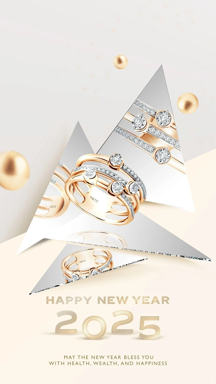 New Year creative ad: Rings stacked on paper trees as festive symbol
