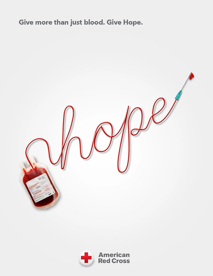 Healthcare creative ad: Blood bag tubing that loops into a handwritten word ending in a needle