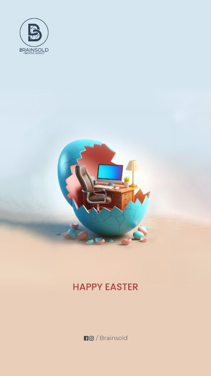 3D cracked blue egg holding a miniature office workspace