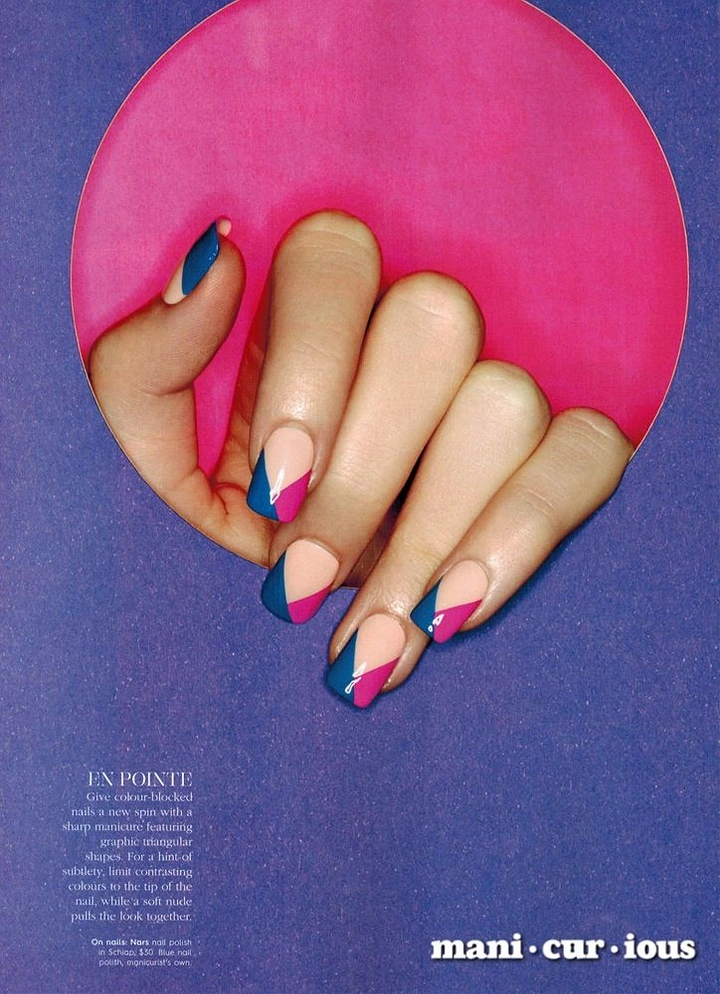 Nail Salons creative ad: Editorial 'mani-cur-ious' pun, pink circle framing