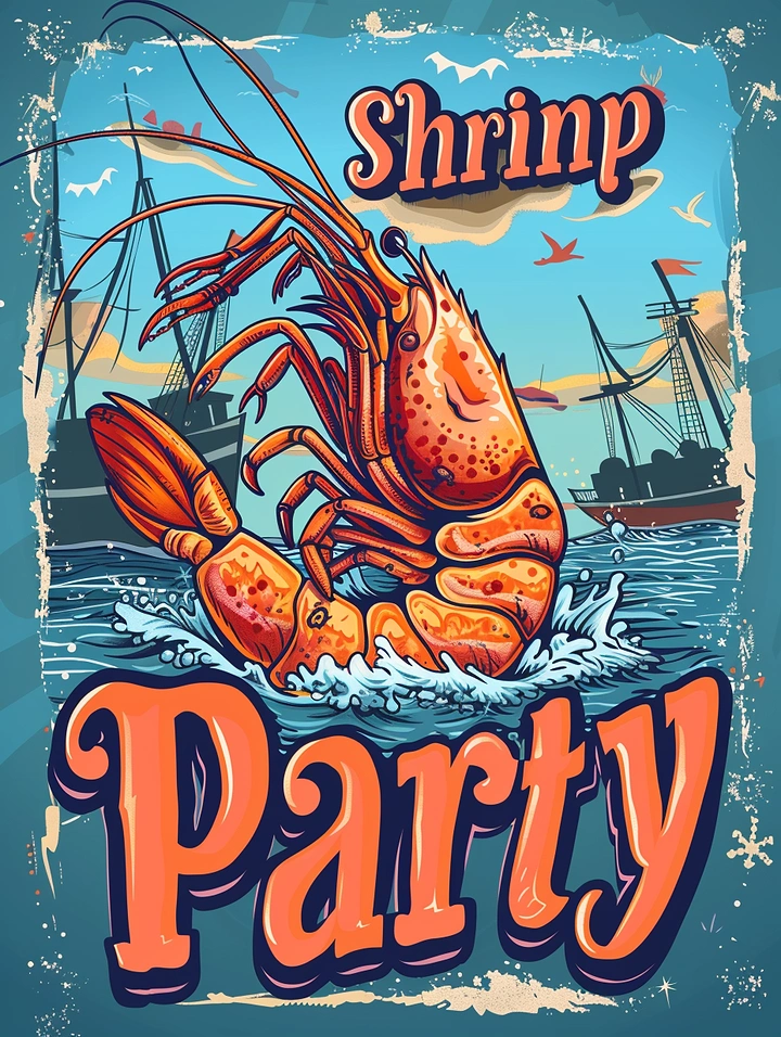 Seafood Restaurants creative ad: Energetic shrimp party poster with illustrated world