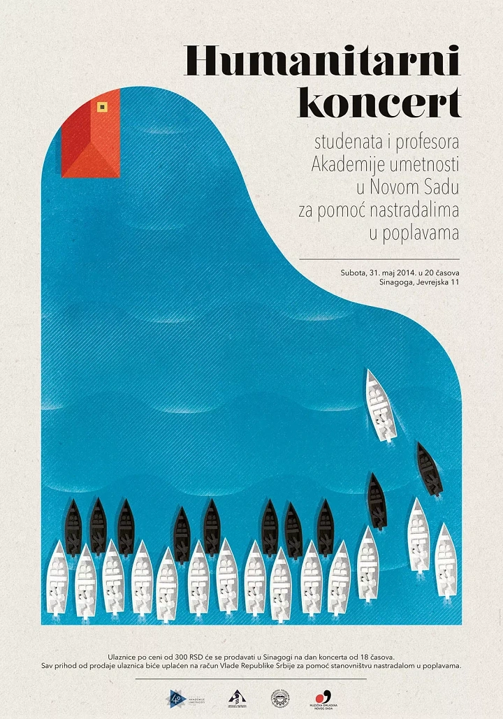 Nonprofit & Social Cause creative ad: Grand piano shape of flood water with boats as keys