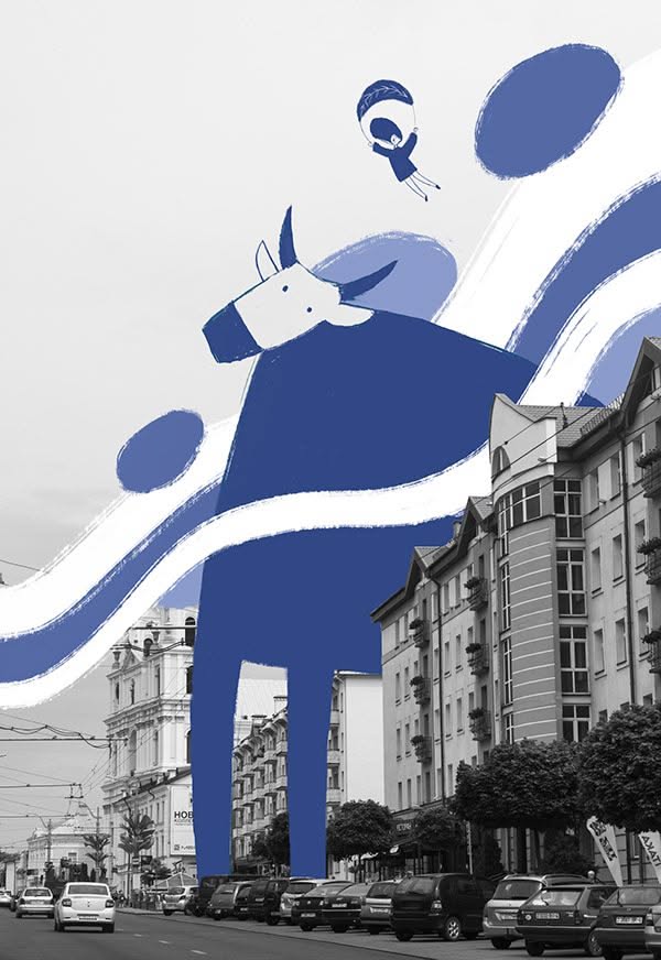 Story: Giant illustrated cow over city photo