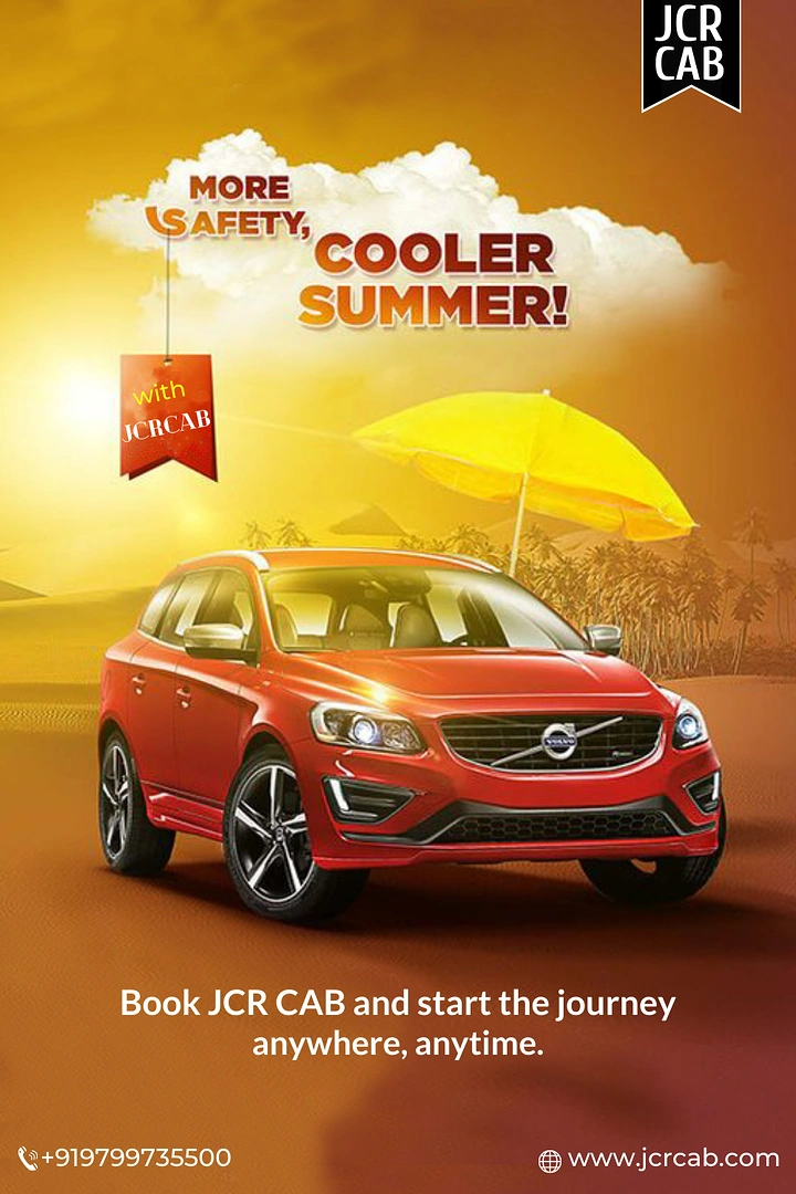 Car Rental creative ad: Beach umbrella shading car, cooler summer