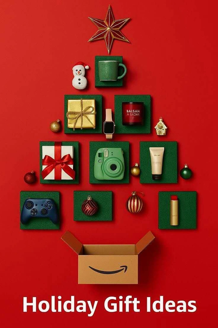 Christmas creative ad: Products on green tiles arranged as a Christmas tree