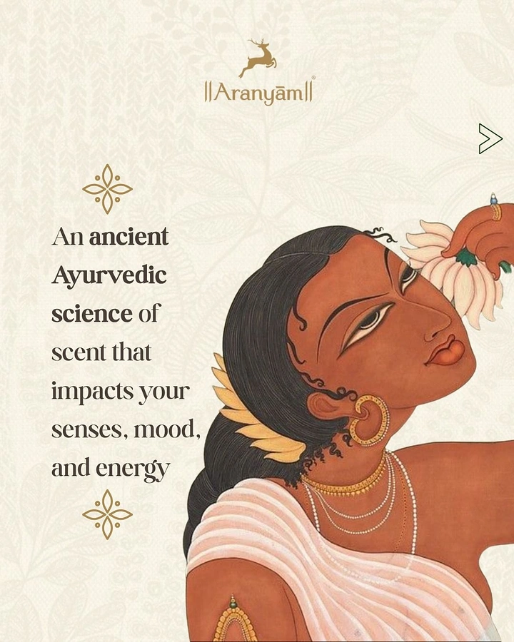 Creative ad: Traditional painted Indian woman smelling a lotus flower