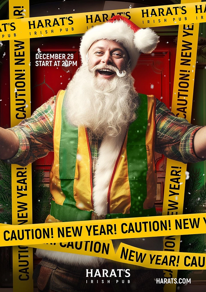 New Year creative ad: Laughing Santa in a hi-vis vest behind caution tape