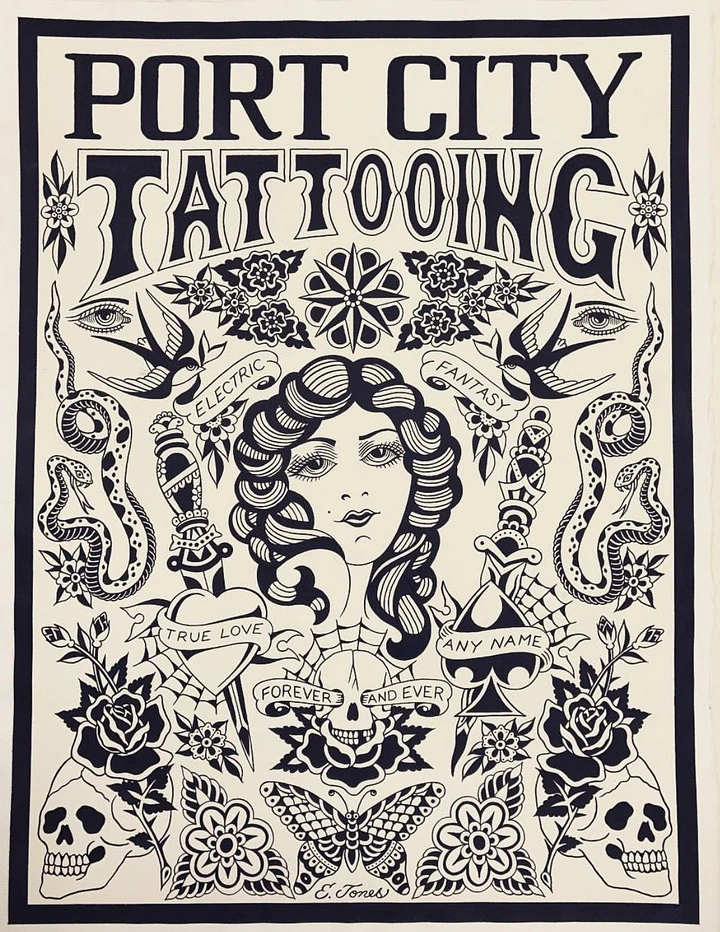 Tattoo Studios creative ad: Traditional flash art built into studio poster