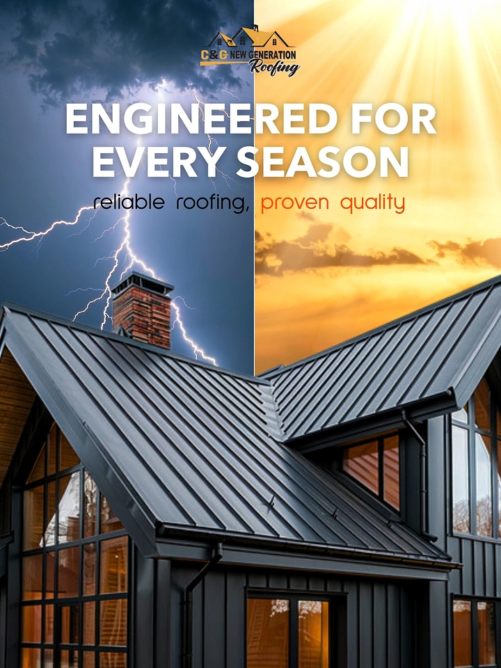 Roofing creative ad: Split storm-and-sun sky shows every season