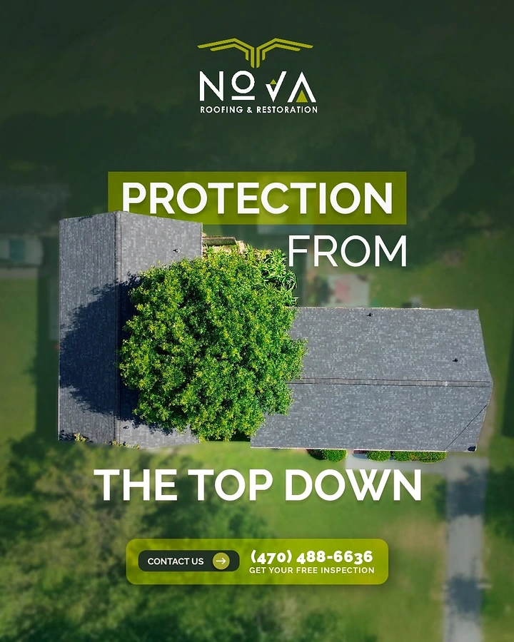 Roofing creative ad: Aerial view pun: protection from the top down