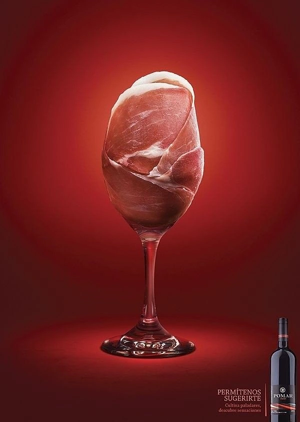 Beer, Wine & Spirits creative ad: Wine glass bowl formed from cured ham