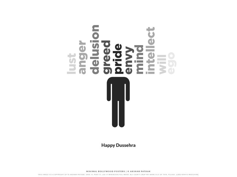 Pictogram man with ten vice-words as Ravana heads