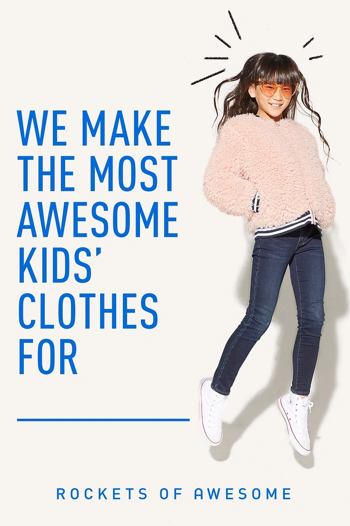 Kids Clothing creative ad: Witty 'Rockets of Awesome' copy, jumping kid