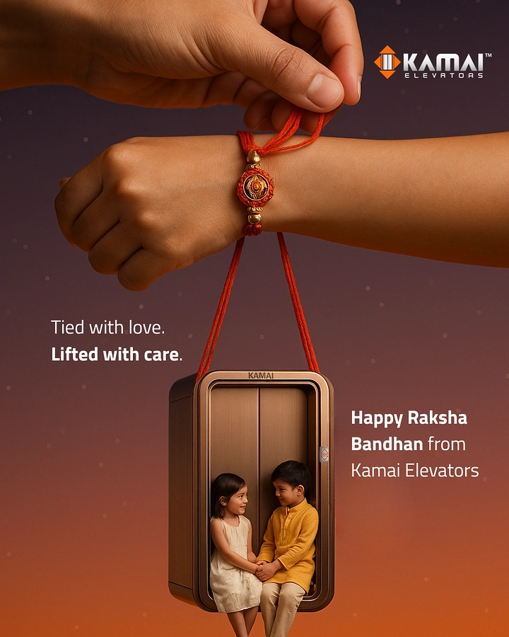 Raksha Bandhan creative ad: Rakhi thread on a wrist suspending a miniature elevator cabin with two sibling children inside