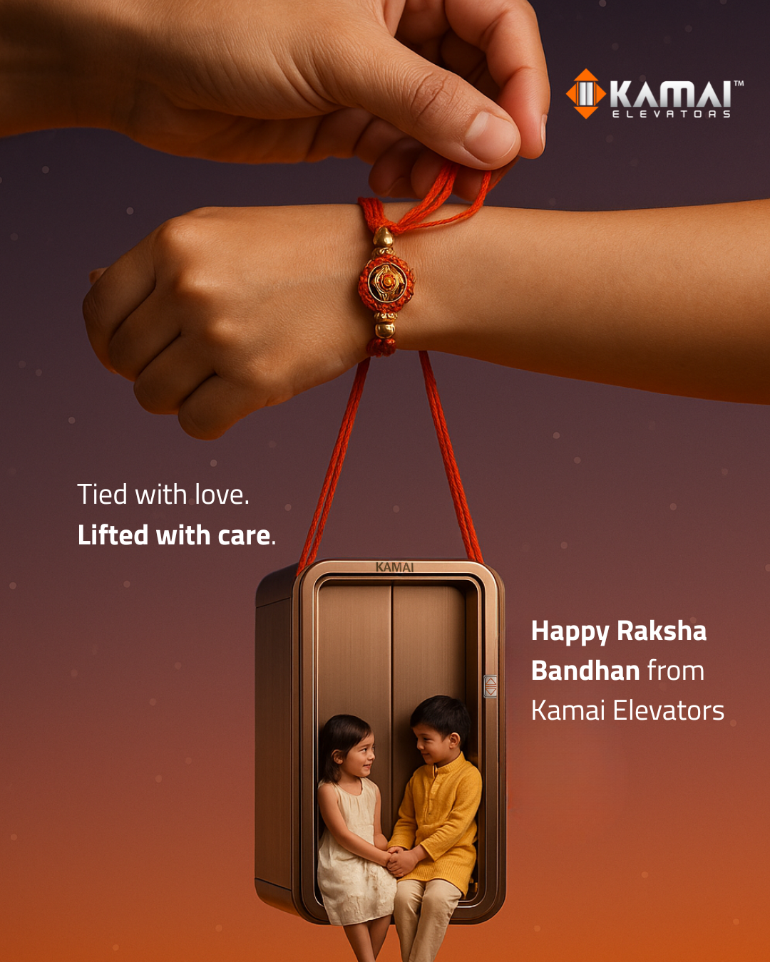 Rakhi thread on a wrist suspending a miniature elevator cabin with two sibling children inside