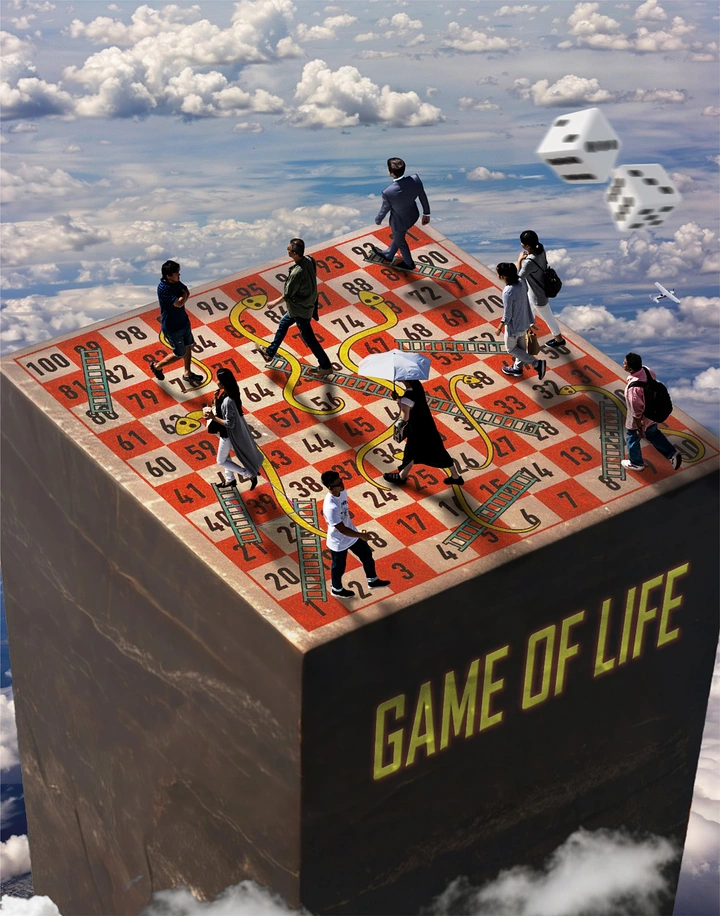 Board Games & Game Cafes creative ad: Life board becomes miniature landscape