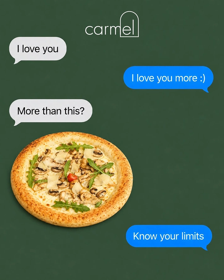 Valentine's Day creative ad: Mushroom and arugula pizza within a text-message conversation