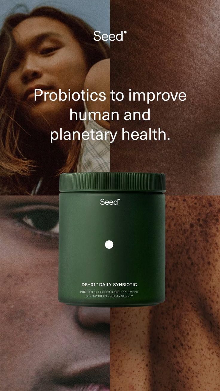 Story: Matte green supplement jar over a four-panel grid of diverse face and skin close-ups