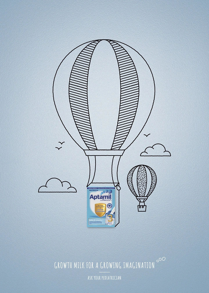Dairy Brands creative ad: Formula tin as hot-air balloon basket