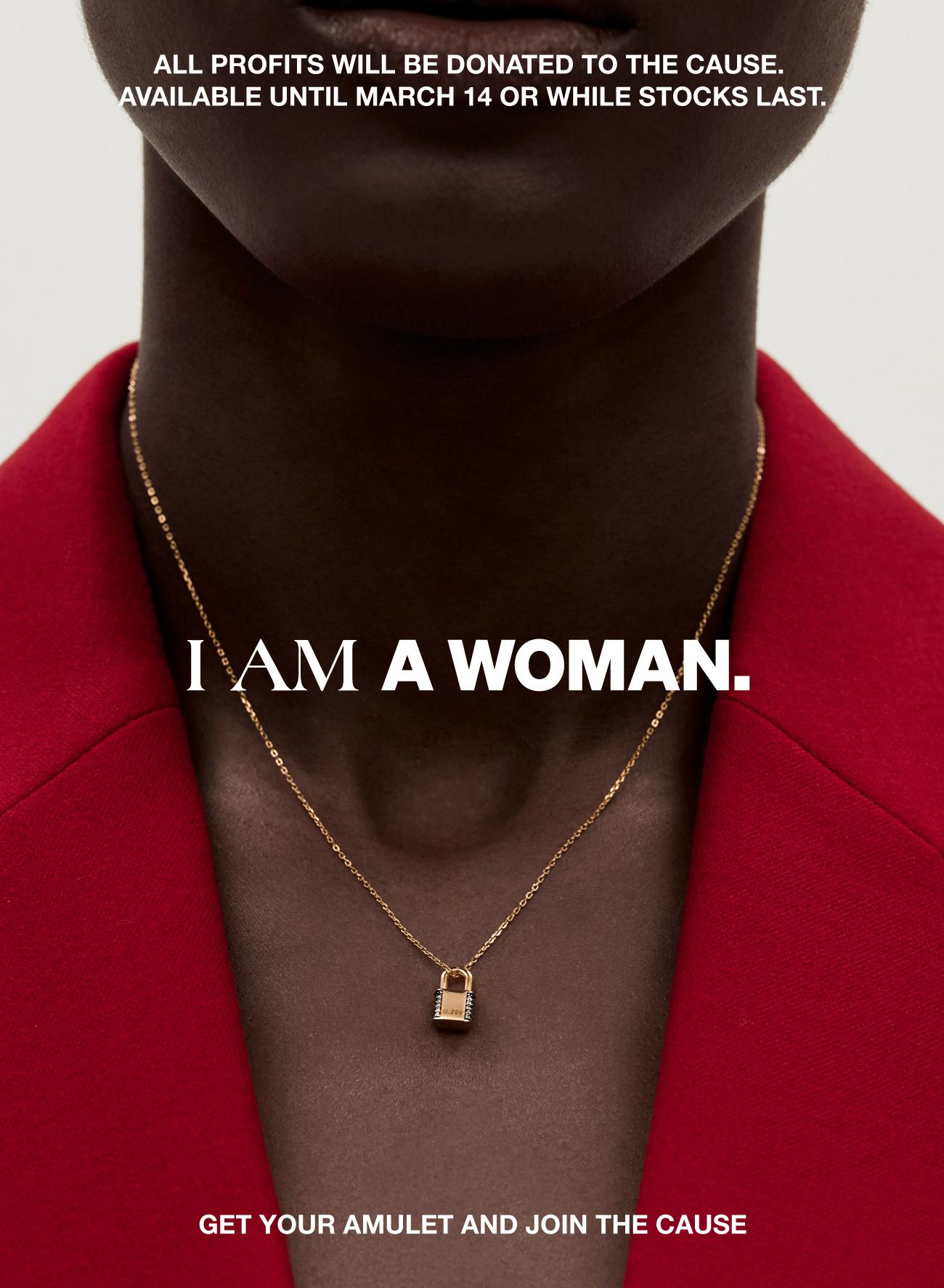 Close crop of a woman's neck wearing a gold padlock pendant